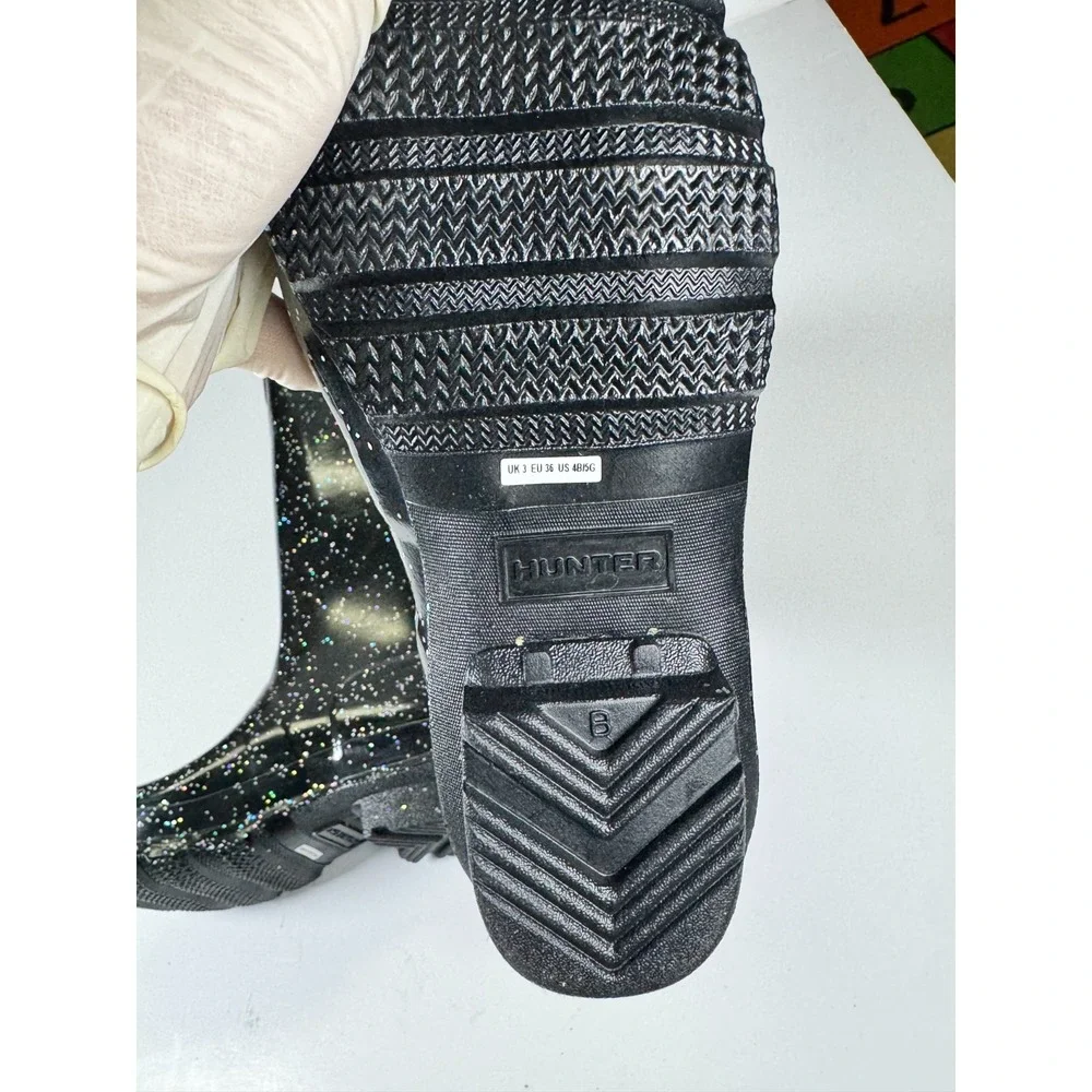 Hunter Girls US 4B Black Giant Glitter Round Toe Pull On Mid Calf Rain Boots